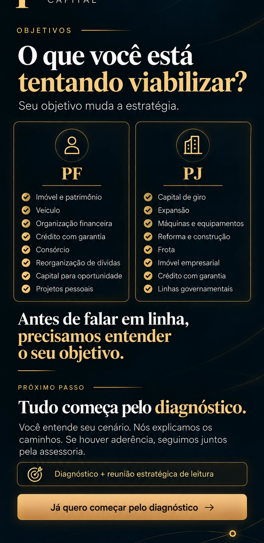 O que você está tentando viabilizar? Objetivos para pessoa física e pessoa jurídica. Tudo começa pelo diagnóstico.
